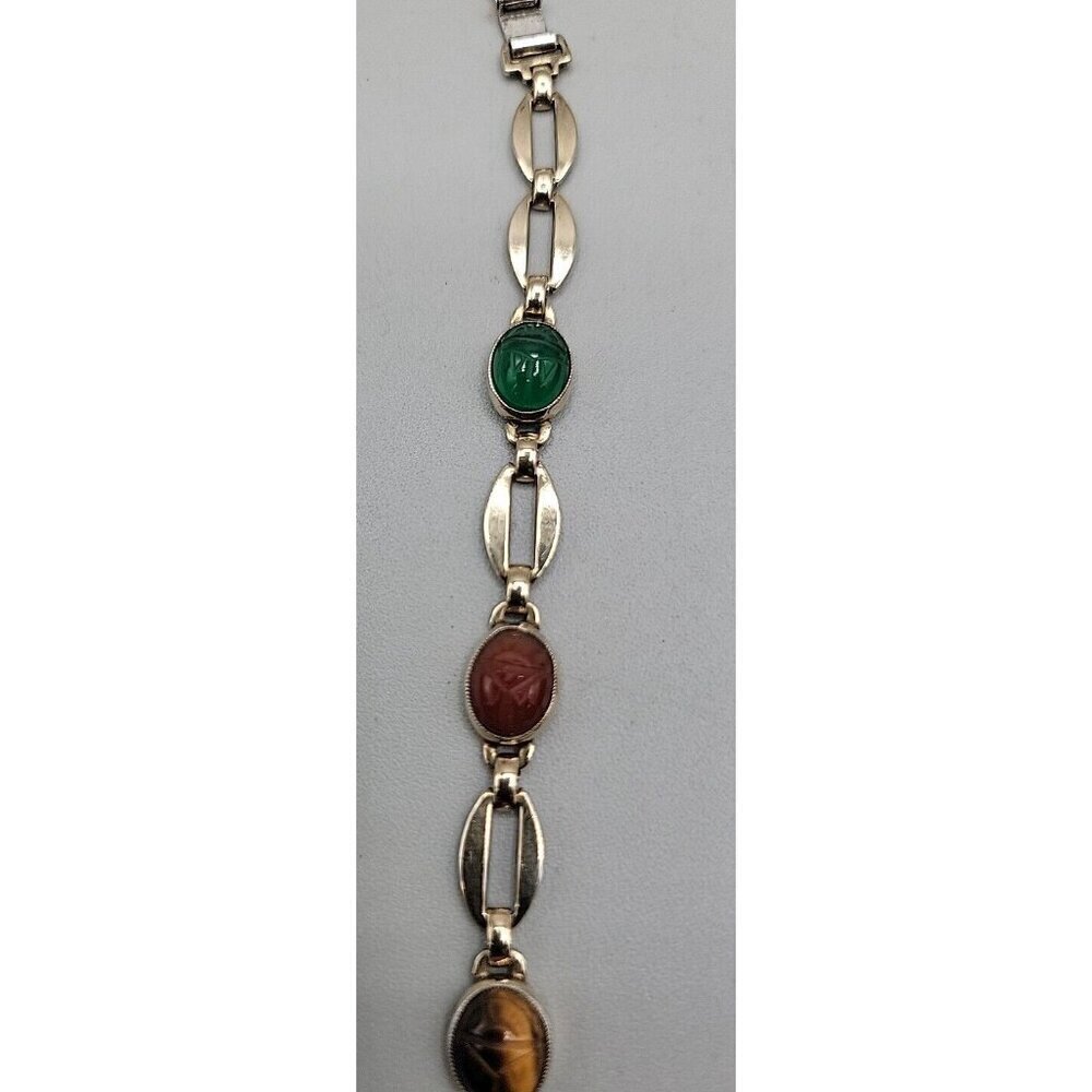 14k W. E. Richards Co. Symmetalic Sterling & Scarab Bracelet 6" Gemstones 1940s - Picture 11 of 15